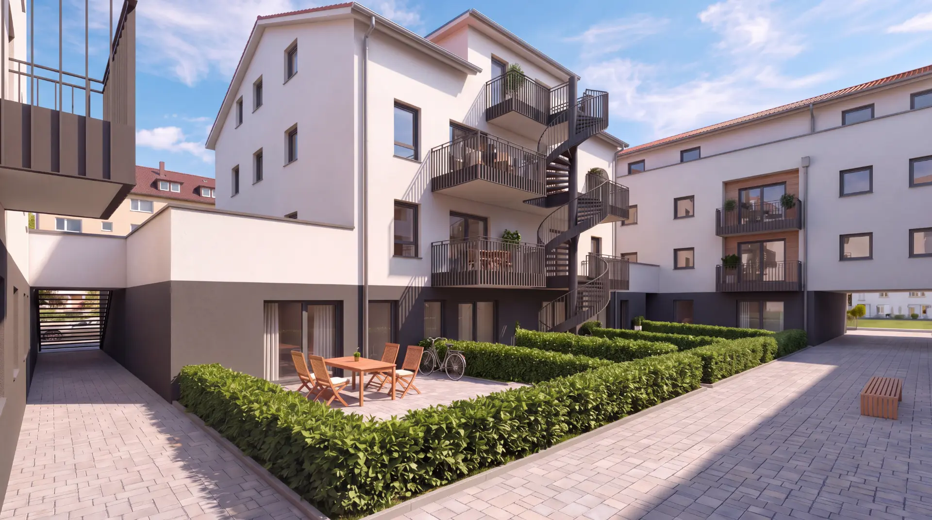 Visualisierung: Innenhof AM GOLDBACH bei Tag mit Terrasse und Hecken